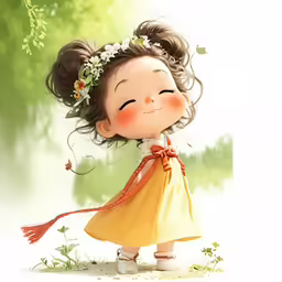 the illustration shows a little girl in a yellow dress