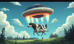 cows in an alien landscape flying through the air
