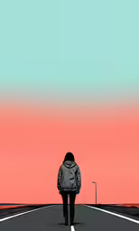a person standing in the middle of a road with orange and blue skies