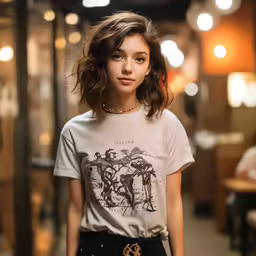 a young lady in a t - shirt with a pattern on it
