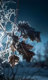 frosted leaves sit on a branch of a tree