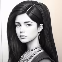 this is a black and white drawing of a girl with long hair