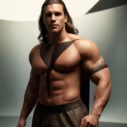 a man wearing a very big tie, shirtless