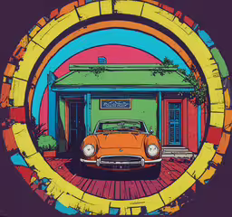 a car is parked in a colorful circle,the orange car is parked in front of a house