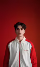 the boy is wearing red and white jacket