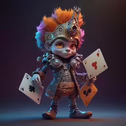 an odd looking toy is holding cards and playing cards