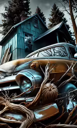 an old car parked in front of a house with bats on it