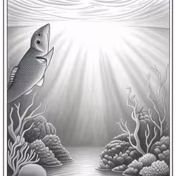 a drawing of a fish in the water and corals,a drawing of a fish that is swimming in the water,an underwater painting with fish in the middle,a fish is standing on the water,the fish was floating by while a light came through
