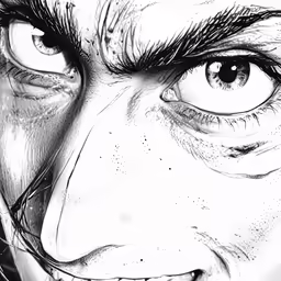 a black and white drawing of a person with eyes wide open
