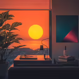an office with a plant in the foreground as the sun sets