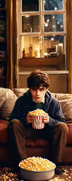 a man holding a bowl of popcorn is looking at the camera,boy sitting on couch eating popcorn and watching television