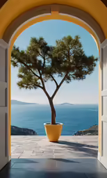 a door is open looking out at a tree and ocean