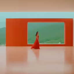 a woman in a red dress walks through a large room
