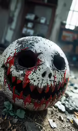 this large creepy halloween mask is decorated with red and black bits