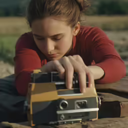 a young girl is taking a photo with her old camera