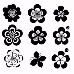 black and white flower illustrations by the graphics,the six flowers in different sizes