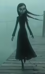 a girl dressed in black walks across a dock while wearing black boots