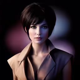 a women with black hair has dark blue eyes and a jacket