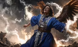 a woman dressed in blue and holding a bird is in front of a black cloud filled sky