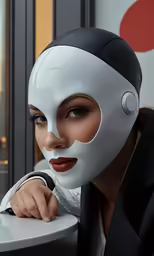 the woman is wearing a mask and black suit