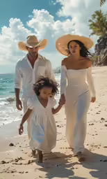 two adults and a child walk on the beach