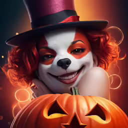 a woman dressed as a clown with a pumpkin