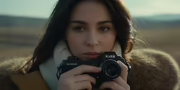 a woman is taking a photo in a field
