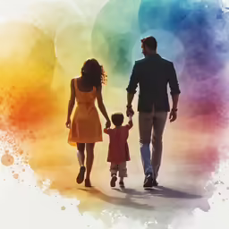 a man and woman holding hands walking with a small child