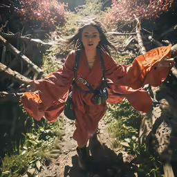 a woman in an orange dress and black shoes running up a trail