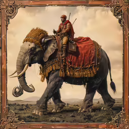 an illustration with a picture frame surrounding it of a man riding an elephant