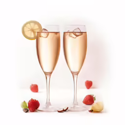 two champagne flutes with champagne and strawberries