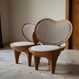 two wooden chairs with cement hearts shaped cushions sit on a white floor