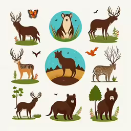 wild animals are seen here in this illustration,a group of different animals on a field,a bunch of animals that are on a field,an illustration of a wildlife scene with animals,animals are depicted in several frames of different shapes