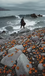 there is a man walking along a rocky shore line with an orange thing in the water