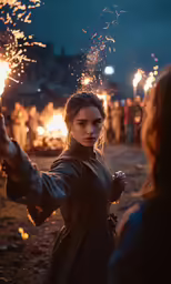 woman wearing a black gown holding firework