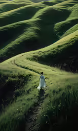a girl dressed in white walking up a hill