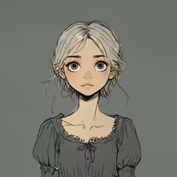 a drawing of a young woman looking at the camera