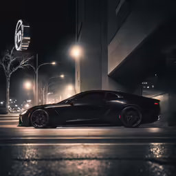 a black car parked next to a building on a dark street