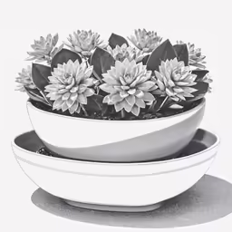 two white bowls filled with flowers next to each other