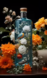 a glass bottle with flowers and birds on it