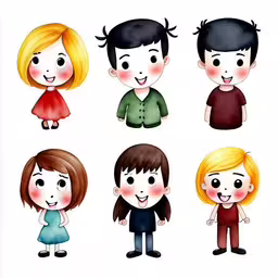 cartoon children on white background with different color,six different types of people standing together
