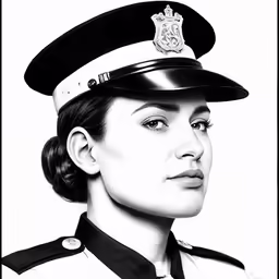 a black and white photo of a woman in uniform