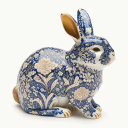 blue and white rabbit figurine sitting in the snow,a decorative ceramic rabbit figurine in blue and white floral design