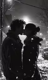 two people kissing outside in the snow at night