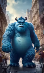 the animated character, monsters are standing in a crowded city street