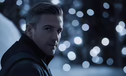 a man is looking into the distance in front of a background