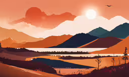 a sunset scene shows mountains and a river,the sky is red and orange with clouds, water, and mountains