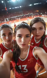 three girls in red uniforms standing in front of an arena