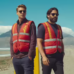 two people standing next to each other with sun glasses on