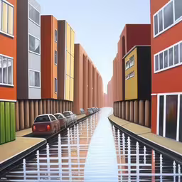 a painting of cars traveling down a street next to tall buildings,a painting of a view of a street from across the water,there are many different colors on this street,a painting of buildings in the middle of the city,several cars drive on one side of a long street